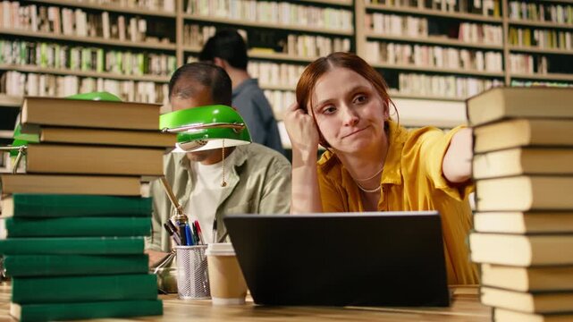 Worried young woman studying materials on laptop at library table, between tall stacks at library, Student showing academic stress and exam preparation workload pressure, supporting study session.