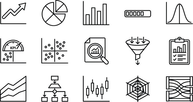 Business Analytics and Data Visualization Line Icons Set Featuring Charts, KPI Metrics, Statistics, Reporting, Research and Performance Analysis