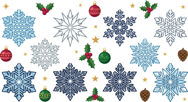 Christmas Snowflake Ornament Collection with Holly Berries Pine Cones and Holiday Baubles Festive Winter Vector Illustration Set