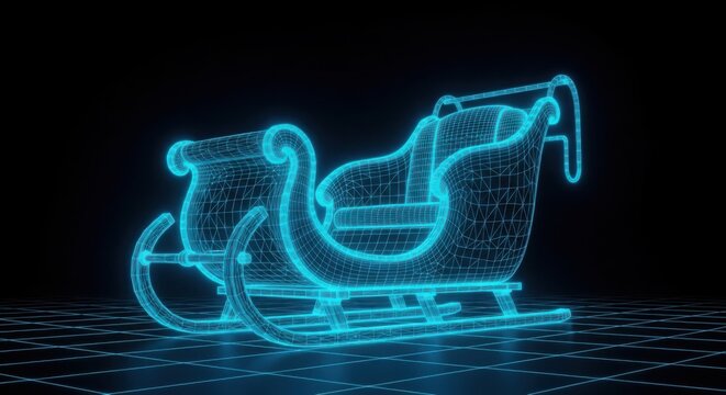 Glowing neon blue santa claus sleigh on a dark digital grid background illustration