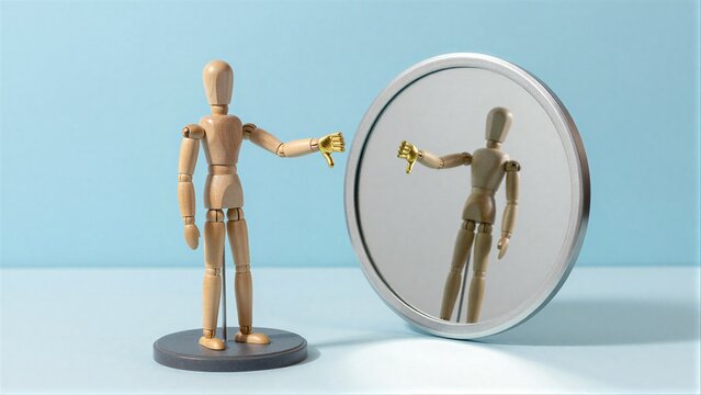 Wooden figure gives thumbs down to its mirrored reflection, symbolizing self-doubt or rejection.