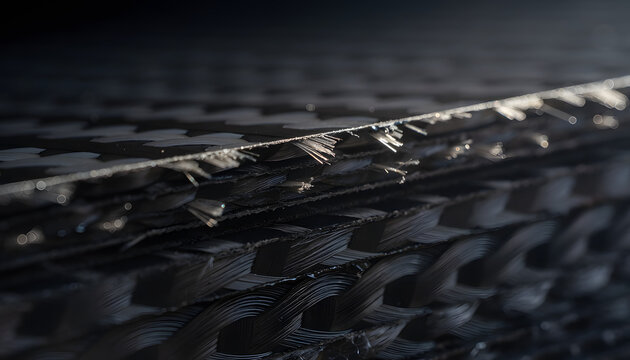 Close up view of layered carbon fiber composite material showing textured weave and rough cut edges for advanced aerospace manufacturing