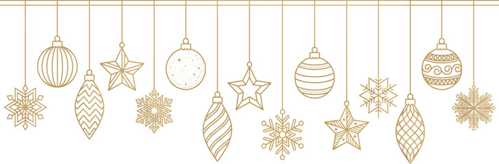Elegant Christmas Hanging Ornaments Border Vector Featuring Snowflakes Stars and Decorative Baubles in Golden Line Art Design © MdMostafijur