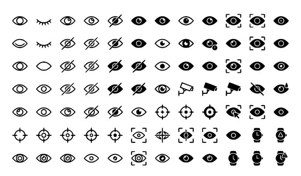 Minimal eye outline and solid icon collection with visibility watch and view function vector set
