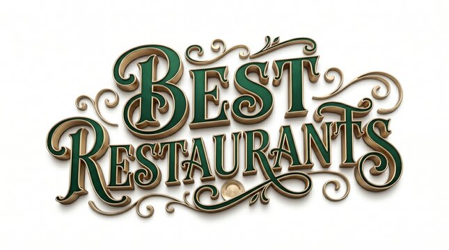 Elegant 3D Best Restaurants text with gold trim and green fill on white background