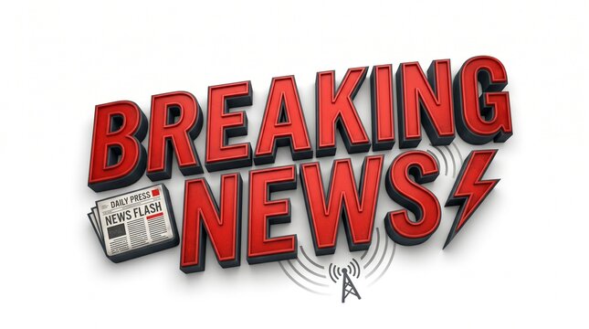 Breaking News 3D Text with Newspaper and Radio Tower Icons