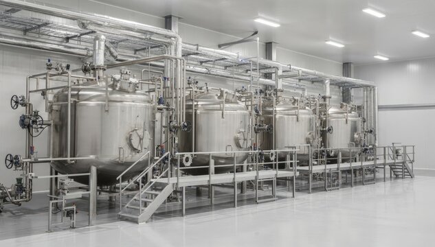 Medium shot of a polymerization reactor hall featuring large stirred batch reactors intricate piping and elevated process platforms in a clean industrial environment.
