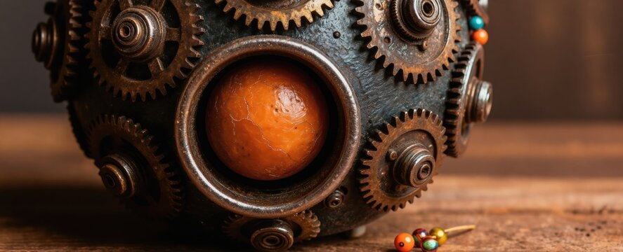 Steampunk sculpture detail with bronze gears and orange orb. Rustic mechanical art object features beads and weathered texture. Unique industrial decor piece on wood surface.