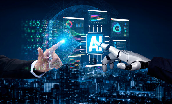 Human and Robot Interaction Symbolizing Collaboration in Artificial Intelligence and Technology Advancement with Digital Displays and City Background Sigmoid