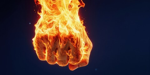 Fiery fist made of light burns on dark blue background. Symbol of power, passion, strong energy. Represents strength, motivation, fight, intense passion, and determination.