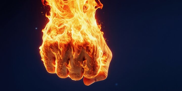 Fiery fist made of light burns on dark blue background. Symbol of power, passion, strong energy. Represents strength, motivation, fight, intense passion, and determination.