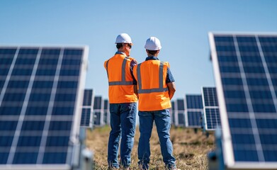 Obraz premium Solar energy technicians performing maintenance inspection on photovoltaic panels