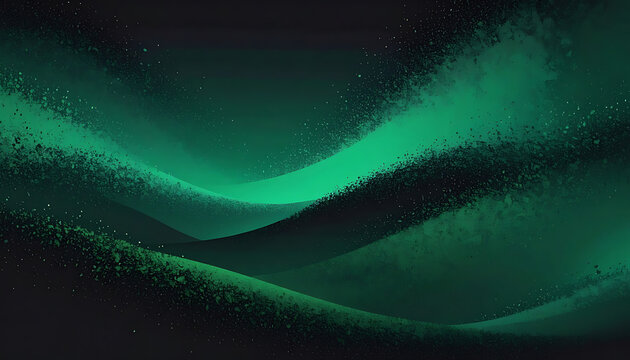 Abstract flowing green waves with grainy texture and dark particles for atmospheric background