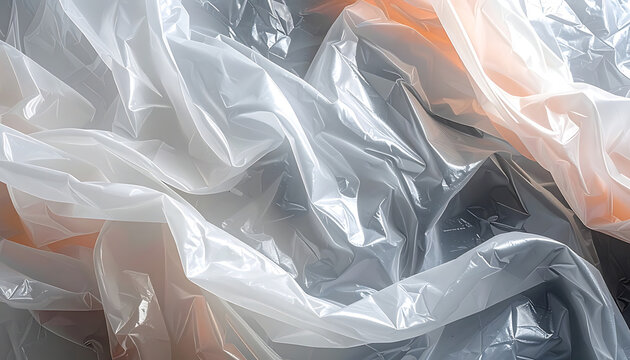 Crumpled white plastic film texture with soft highlights and deep folds, abstract surface pattern for industrial recycling background