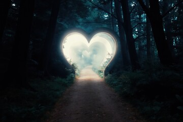 Fototapeta premium Dark forest path leads to glowing heart shape light tunnel entrance. Ethereal mist and bright sky beyond. Deep woods create magical portal view. Mysterious nature scene beckons.
