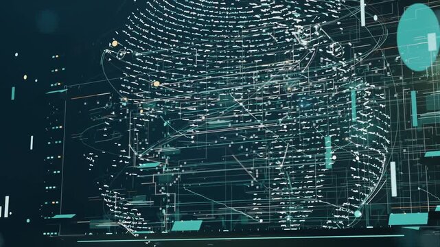 Rotating dotted globe revealing network links and pulsing nodes after teal marker appearing in HUD