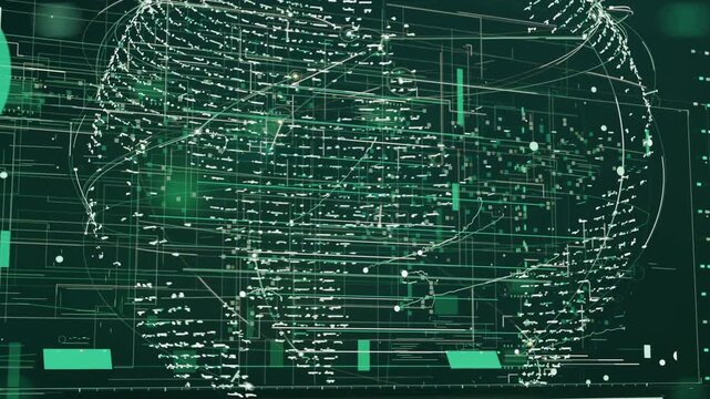 Rotating 3D globe showing nodes and arcs on playback, displaying data with green overlay in studio