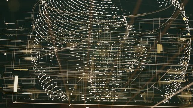 Rotating hologram sphere showing data flow in dark studio, projection base activating beams