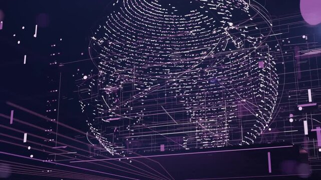Appearing dotted globe forming links showing data and rotating in purple 3D studio, with left beams
