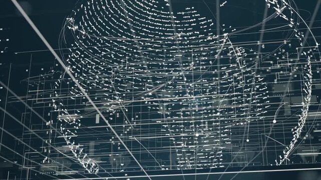 Projecting radial beams from lower base, spherical grid rotating, linking node clusters in HUD