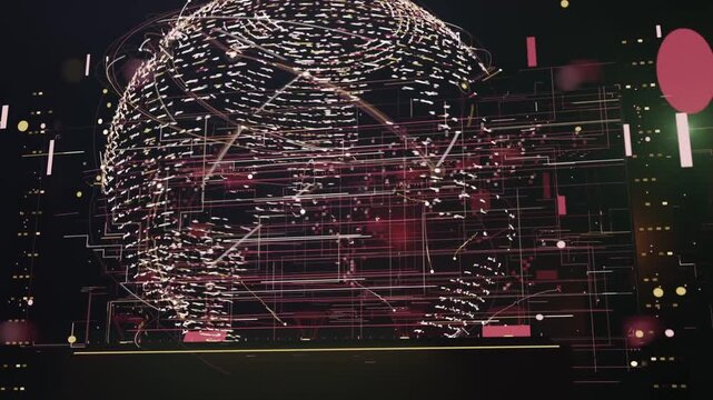 Rotating digital globe shifting nodes along latitudes on playback start at HUD, presenting HUD grid