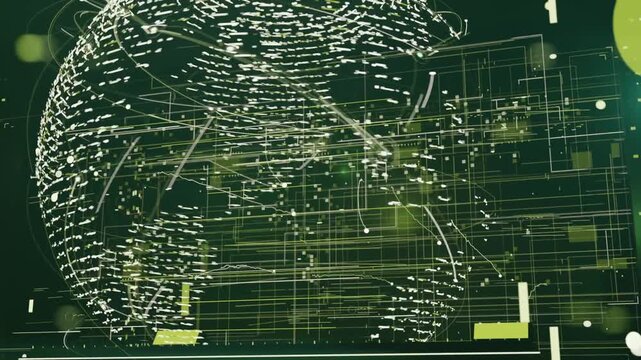 Sequence starting globe rotating and translating in virtual circuit grid visualizing markers