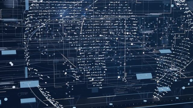 Animating data globe rotating after first frame revealing left side in HUD, showing connecting arcs