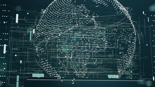 Rotating CGI point-cloud globe responding to sequence start within HUD, revealing nodes and trails