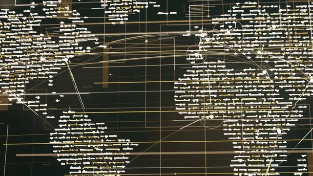 Starting animation, map with text clusters showing sweeping link arcs on LED wall, tracking routes