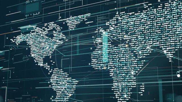 Animating digital world map after data update at HUD, showing connection arcs and pulsing nodes