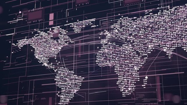 Starting playback, world map showing pulsing arcs and sliding UI blocks to display data flow