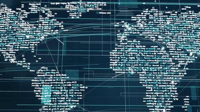 Starting stylized world map on HUD, curved arcs sweeping ocean and pulsing nodes showing data flows