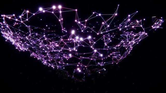 Starting dark frame, luminous mesh forming, knitting glowing nodes with thin lines, revealing stars