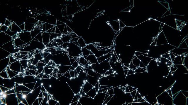 Emerging luminous network forming from activating point nodes across dark void, showing connections