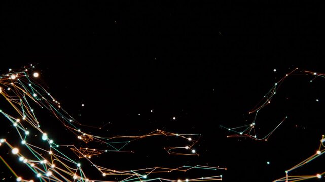 Emerging from black void glowing node-edge mesh forming rolling data hills, with teal orange nodes