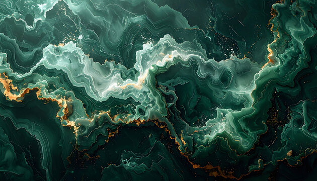 Dark emerald marble texture with swirling gold liquid veins, elegant fluid background, luxury stone pattern for interior design and decor