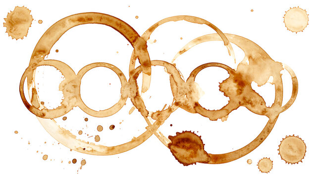 Isolated coffee cup stains and tea ring marks, brown liquid grunge texture, beverage spill pattern for menu background or rustic design elements