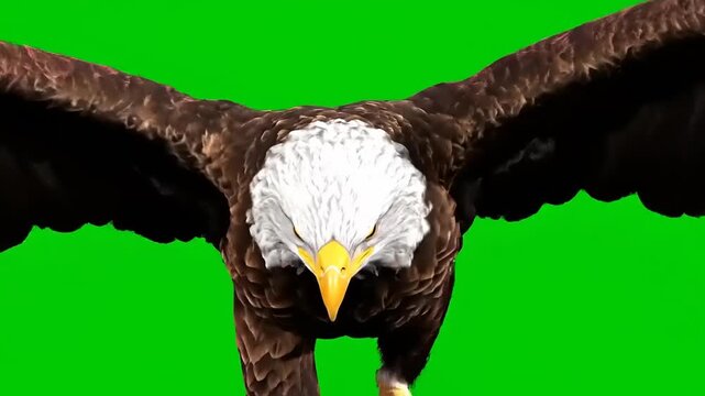 Bald eagle flying forward towards camera with open wings isolated on green screen background chroma key