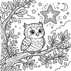 Fototapeta premium Cute owl sitting on a branch under a starry night sky