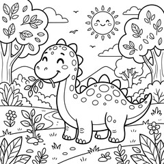 Fototapeta premium Cute dinosaur eating leaves in a sunny meadow with trees