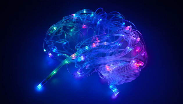 Luminous 3D concept of a human brain formed from glowing neon fiber optic cables, illustrating neuro-networks and deep learning. Excellent for AI research and neurology editorials