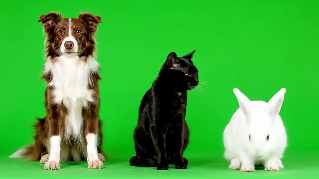 A brown and white border collie dog, a black cat, and a white rabbit sit on a green background, studio shot