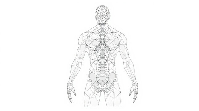 Human body wireframe model with visible skeletal structure and geometric mesh lines representing anatomy and biological systems for scientific or medical visualization