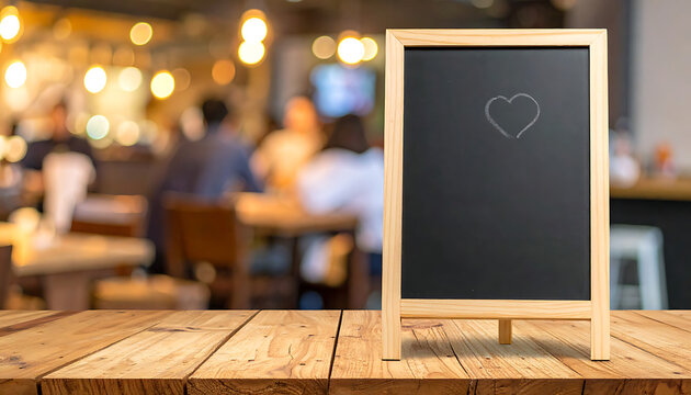 Blank wooden chalkboard with hand drawn heart in cafe, restaurant menu board, rustic wood texture background, dining venue space