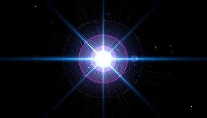 Fototapeta premium bright blue starburst lens flare with circular halo and light particles on black background for digital overlay effects