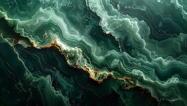 Deep emerald green liquid marble texture with gold glitter veins, elegant abstract stone background, fluid waves for luxury design