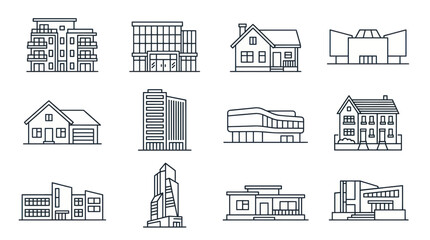 Modern Architecture Building Icons Collection, Flat Line Art © lobes