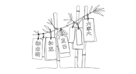 Obraz premium Hand-drawn Japanese Ema prayer plaques on bamboo with calligraphy