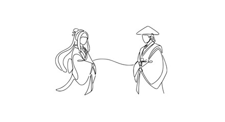 Obraz premium Ancient Chinese couple, single line drawing, traditional attire, romantic connection