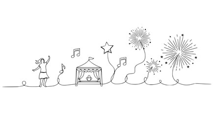 Naklejka premium Hand-drawn celebration line art: dancing woman, stage, star, music notes, fireworks